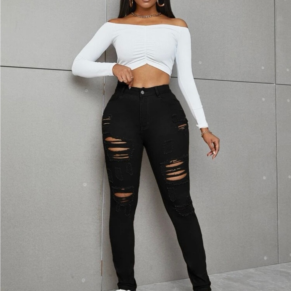 SHEIN high waisted skinny ripped jeans
